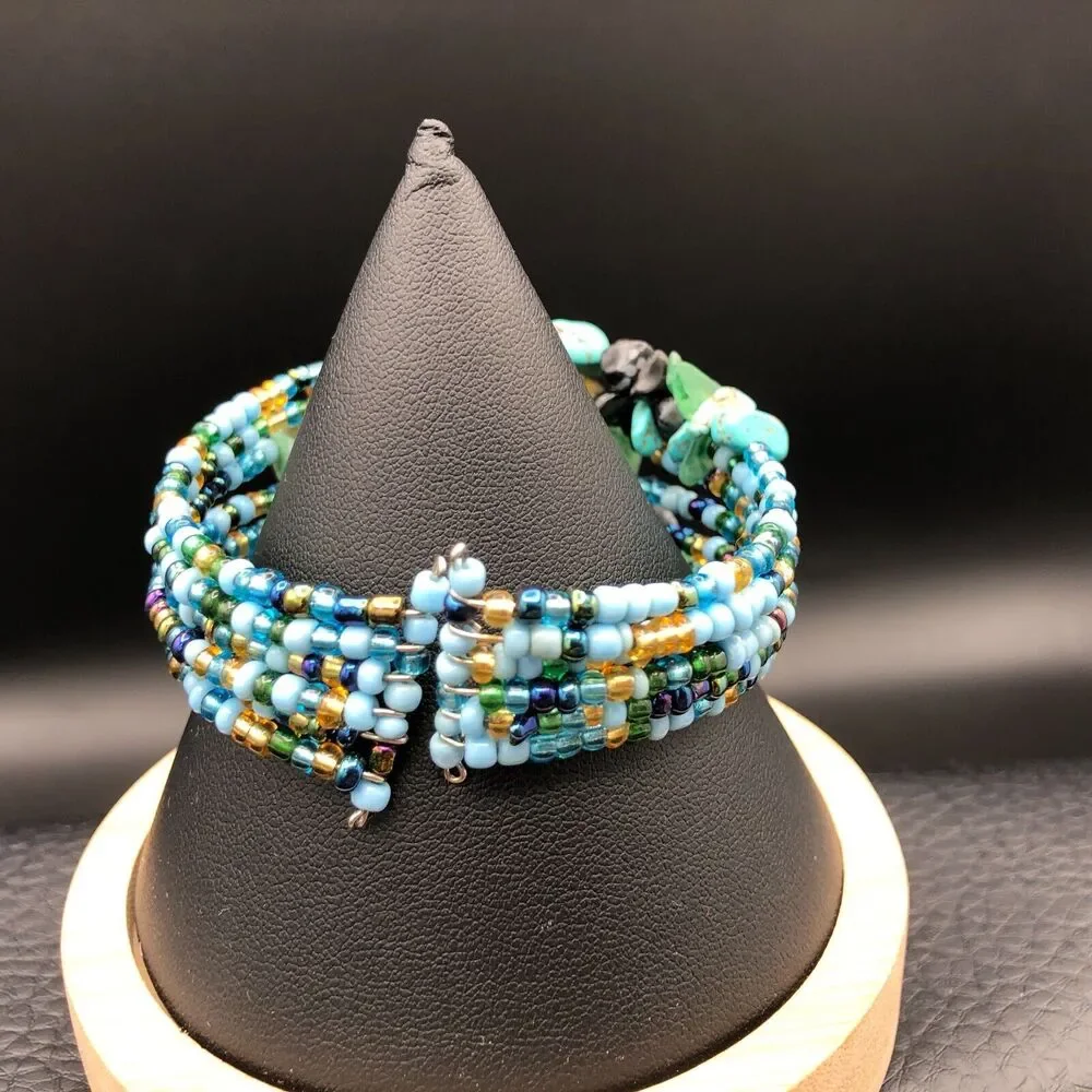 Gemstone Bracelet‎ 7inch Mixed Malachite Quartz Glass Seed Bead Sizable Cuff